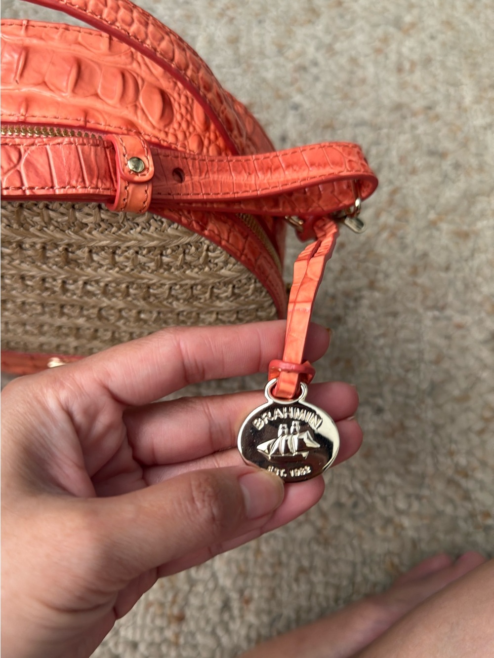 Brahmin Straw Round Crossbody with Orange Croc-Embossed Trim - Picture 2 of 3